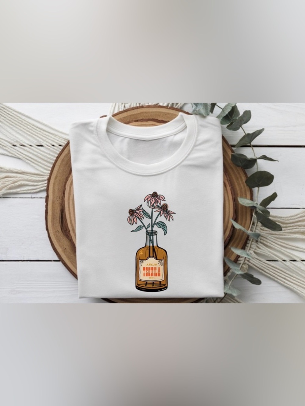 Tequila Graphic Shirt Floral Bottle Women Tee Cute Trendy White Top Fun